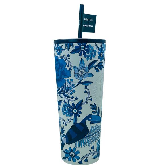 NWT Starbucks x Farm Rio Lenco Azulejo Blue White Stainless Steel Tumbler 24 oz - Picture 2 of 8
